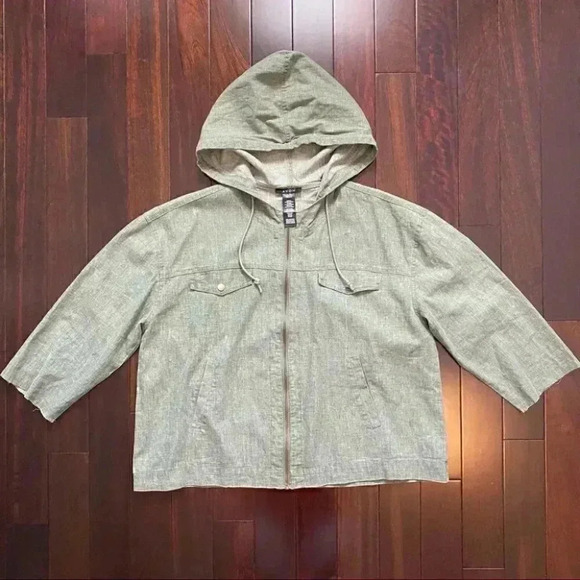 Avon Linen Jacket Cropped Lightweight Spring Fall Hood Olive Green Large - Picture 16 of 16